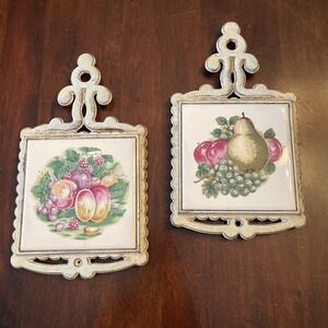 Vintage Midcentury Trivets Tile Cast Iron Kitchen Wall Art Japan Set 2 Fruit 60s